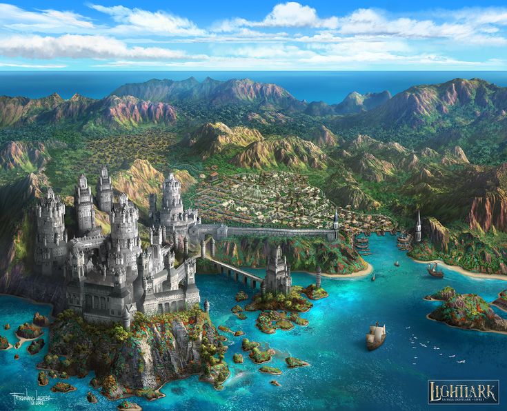 an artist's rendering of a castle in the middle of a tropical island surrounded by mountains