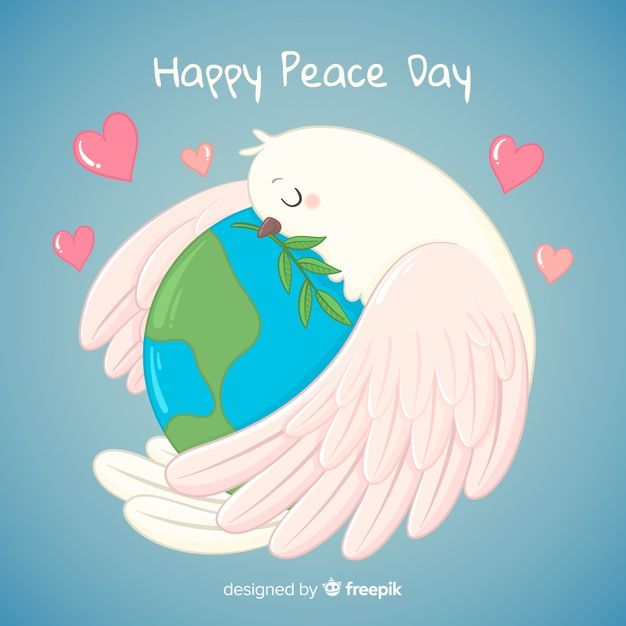 a white dove holding the earth in its hands with hearts around it and text happy peace day