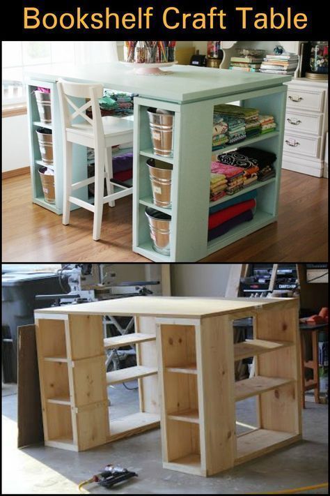 two pictures of bookshelf craft table with shelves and drawers on each side, one is