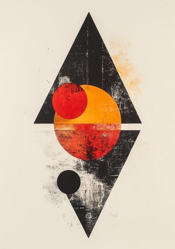 an abstract painting with red, orange and black shapes on white paper in the shape of a triangle