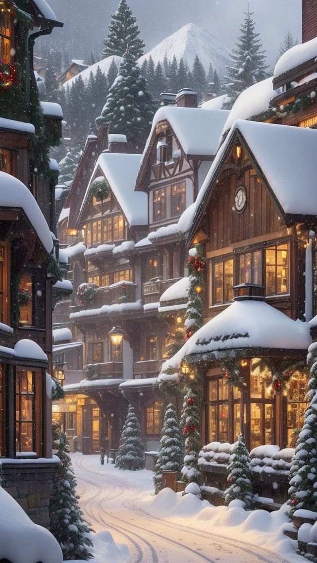 a snow covered street with lots of houses and trees in the foreground, lit up by christmas lights