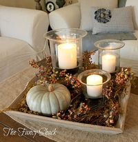 a tray with candles and some pumpkins on it