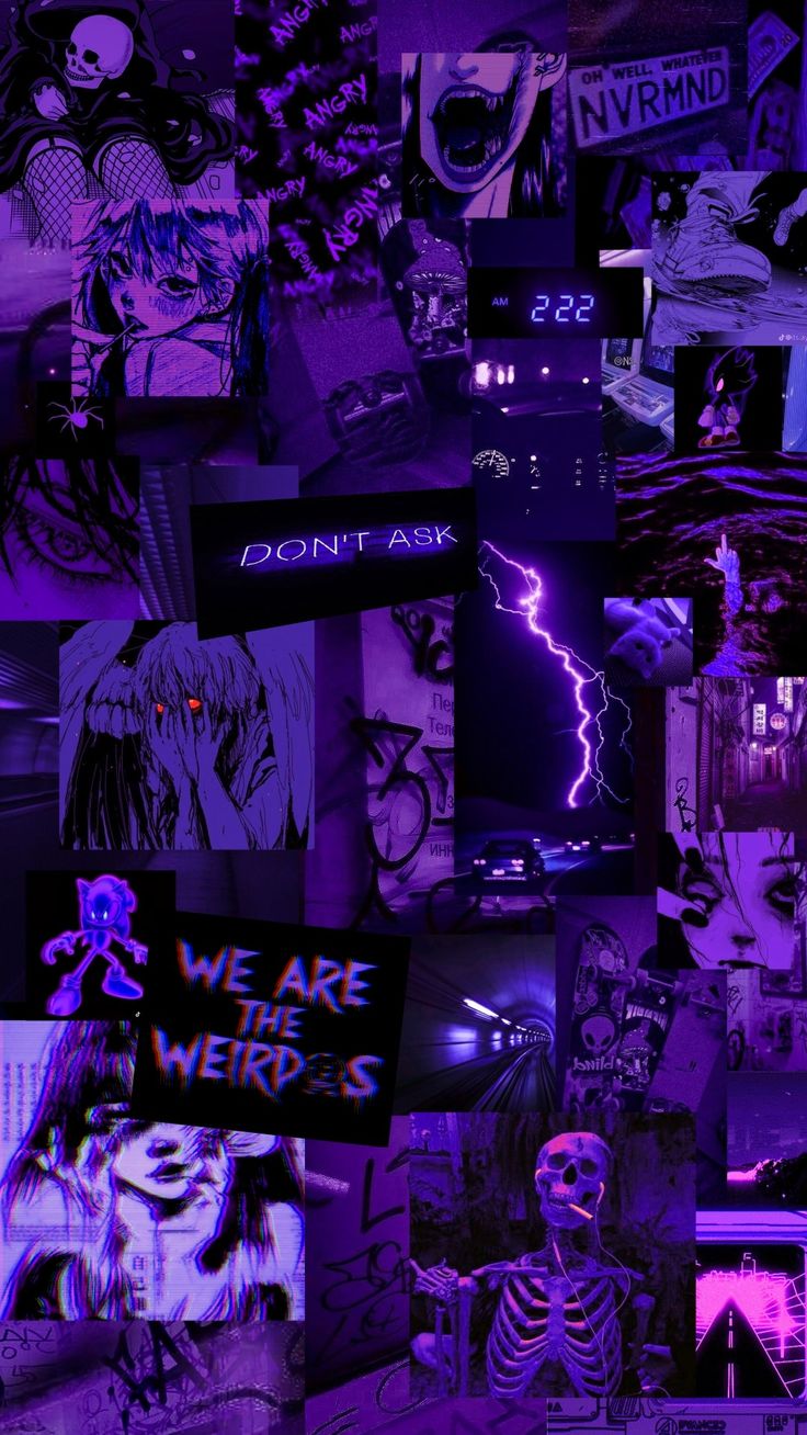 purple and black collage with various images