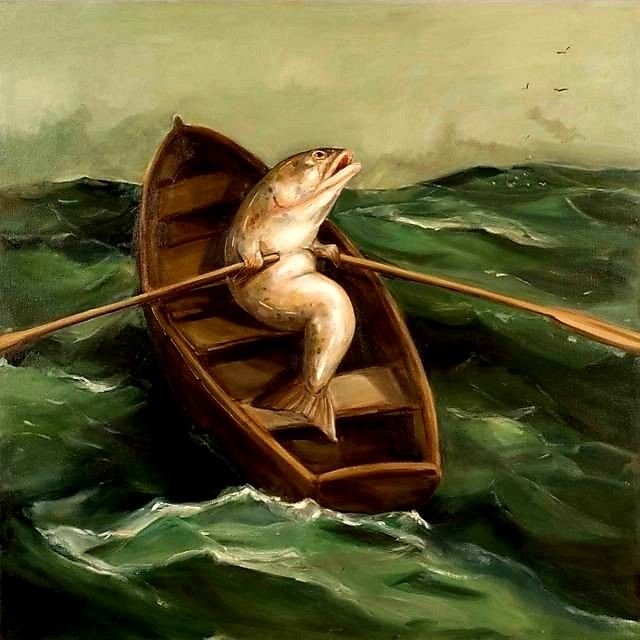 a painting of a frog sitting in a boat