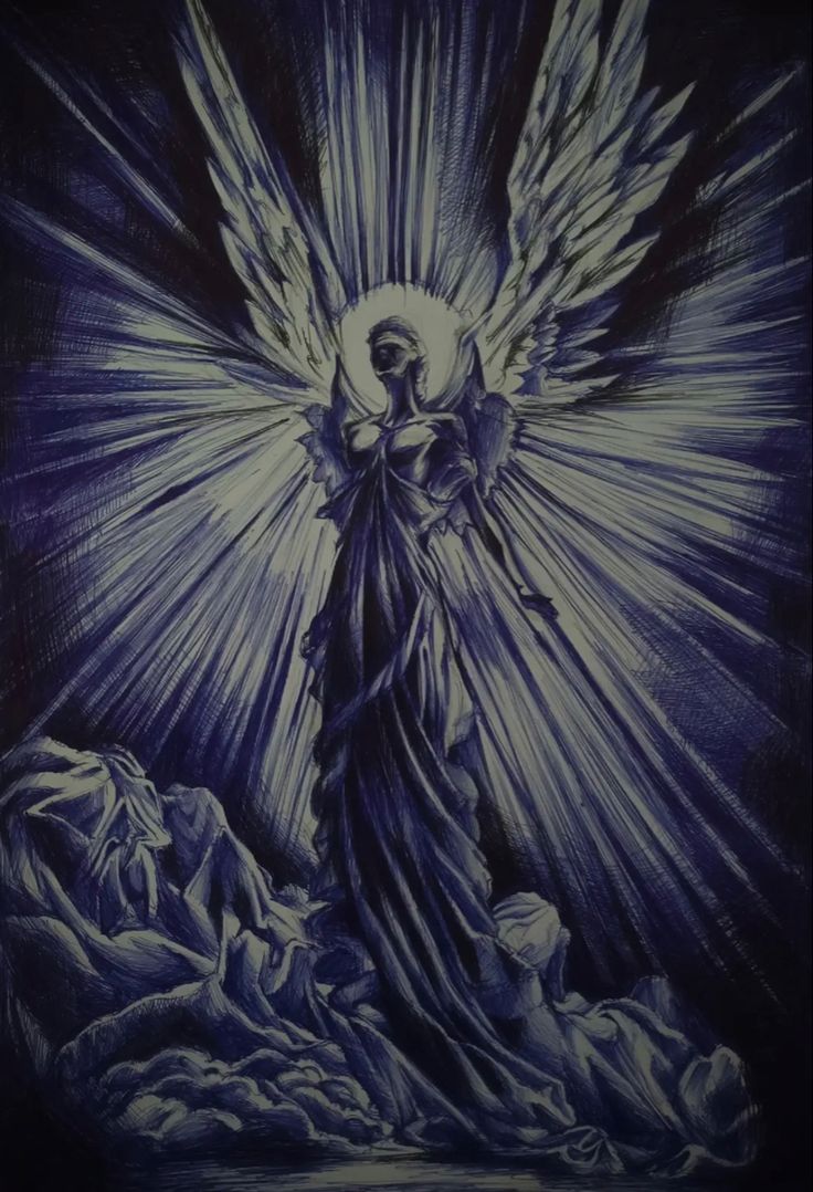 an angel painting with blue and white colors