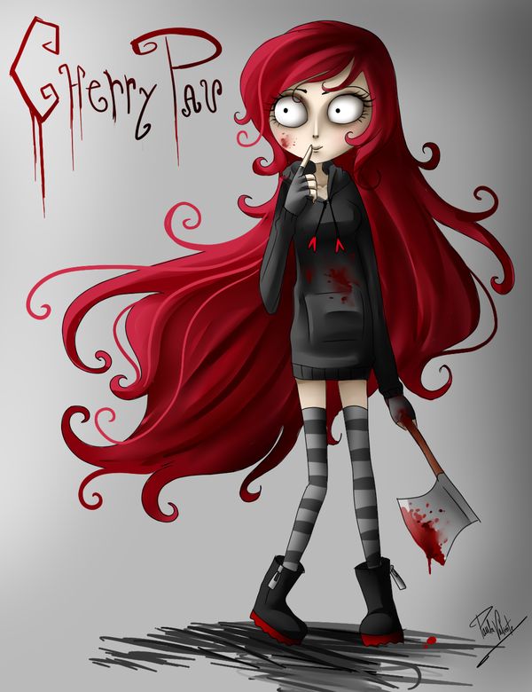 a cartoon girl with long red hair holding an umbrella and looking at the camera while standing in front of a grey background