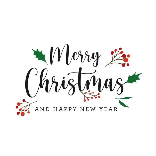 merry christmas and happy new year lettering with holly leaves, berries and mist on white background