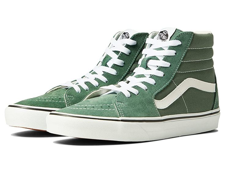 Vans SK8-Hi - Skate Shoes : Color Theory Duck Green : Keep it old school every step of the way with the classic Vans SK8-Hi skateboard shoes! High-top skate shoes with a classic silhouette and Sidestrap detail. Uppers of suede, leather, or canvas. Cotton drill lining. Padded collar for added comfort and support. Triple-stitch collar adorns collar. Die-cut EVA insert. Vulcanized construction: • Slimmed-down profile offers a flexible feel. • Gum rubber outsole with signature waffle tread provides Classic Lace-up High-top Sneakers For Skateboarding, Casual Suede Skate Shoes With Round Toe, High-top Suede Skate Shoes With Laces, Casual Lace-up Suede Skate Shoes, Vans High-top Green Skate Shoes, Vans Green High-top Skate Shoes, Green High-top Vans Skate Shoes, Green Leather Skate Shoes For Skateboarding, Green Leather Skate Shoes