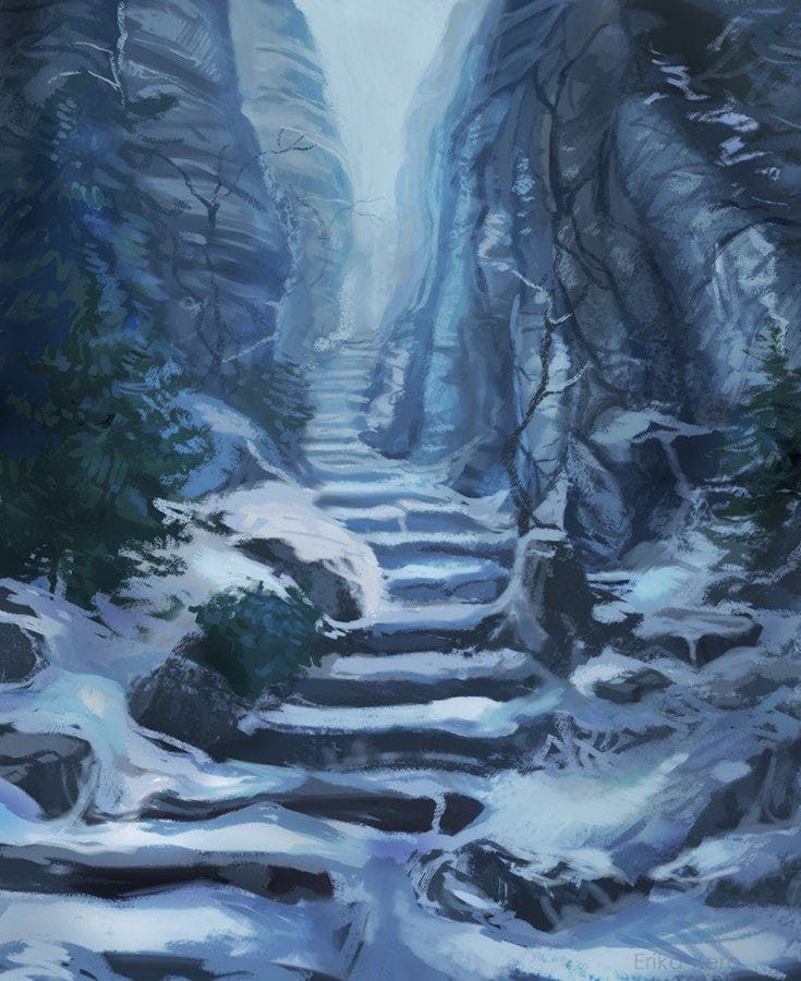 a painting of snow covered rocks and steps leading up to a waterfall in the mountains