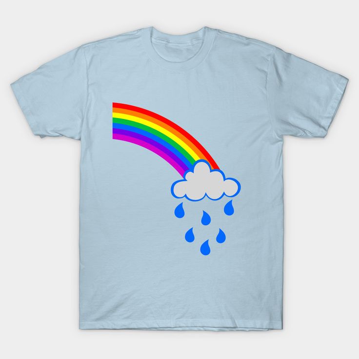 a blue t - shirt with a rainbow and rain coming out of the clouds on it