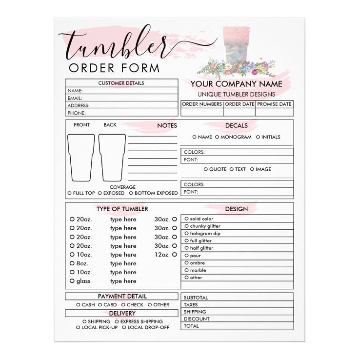 a printable order form with the words tumbler written in pink ink on it