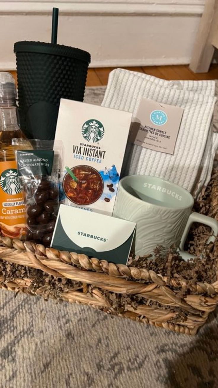 a basket filled with coffee, tea and other items