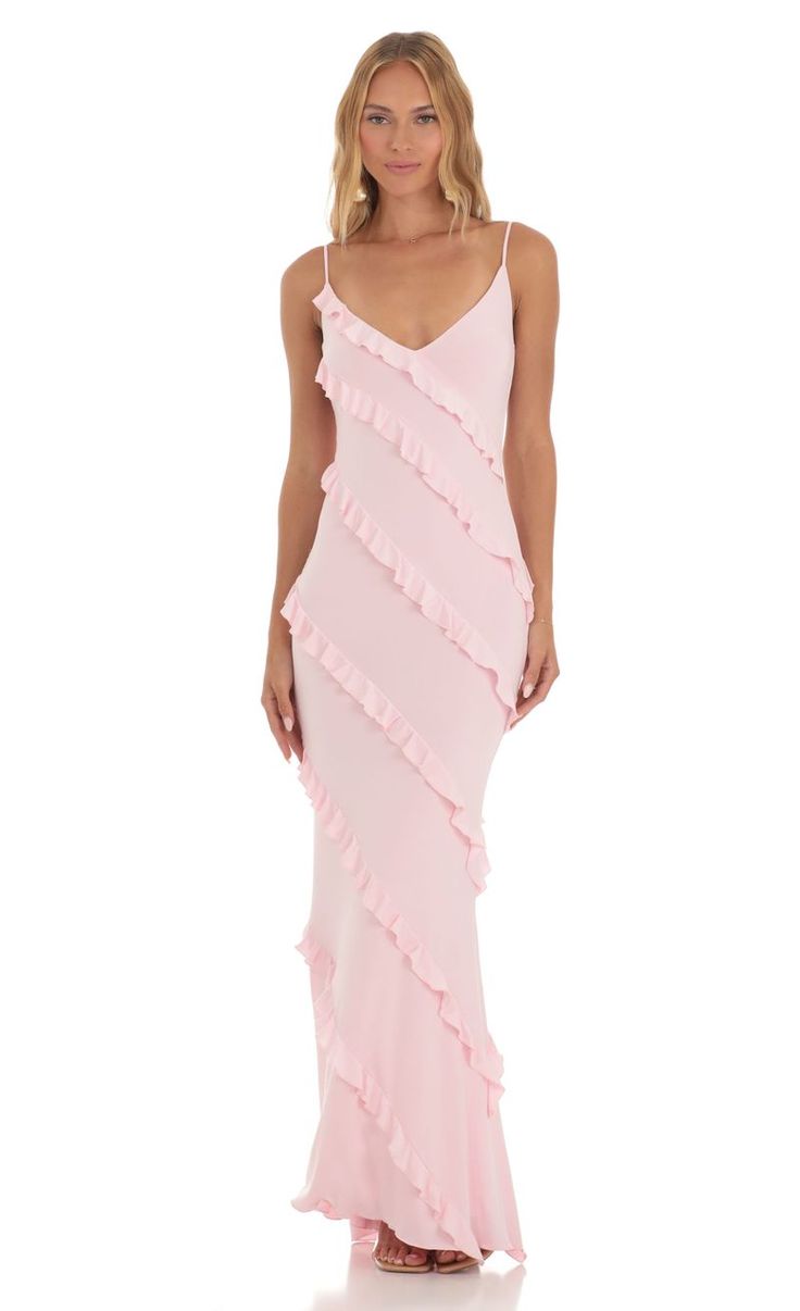 Elowen Ruffle Maxi Dress in Pink | LUCY IN THE SKY Light Pink Maxi Dress, Prom 23, Sorority Formal, Robes Glamour, Pink Ruffle Dress, Pink Long Dress, Sky Pink, Light Pink Dress, Ruffle Maxi Dress