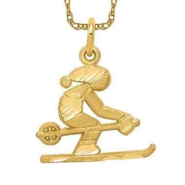 a gold plated necklace with a skier on the front and bottom part of it