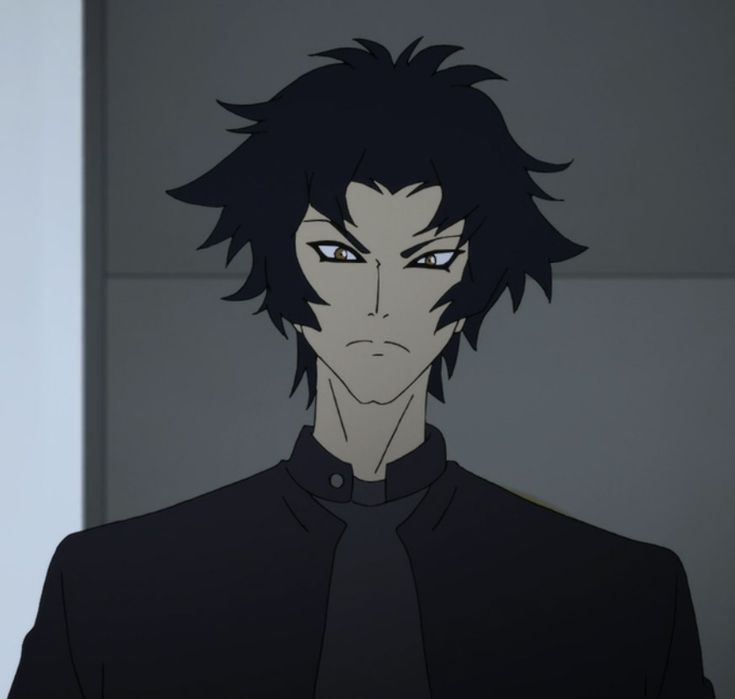 an anime character with black hair and blue eyes looking at the camera while standing in front of a wall