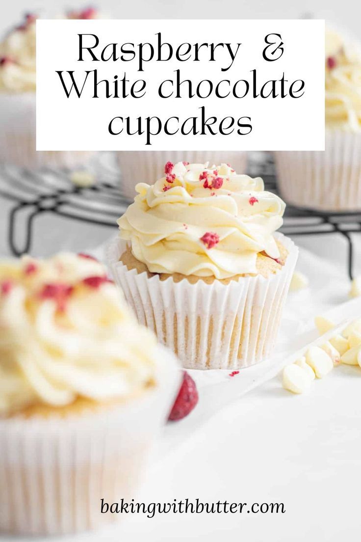 raspberry and white chocolate cupcakes with text overlay