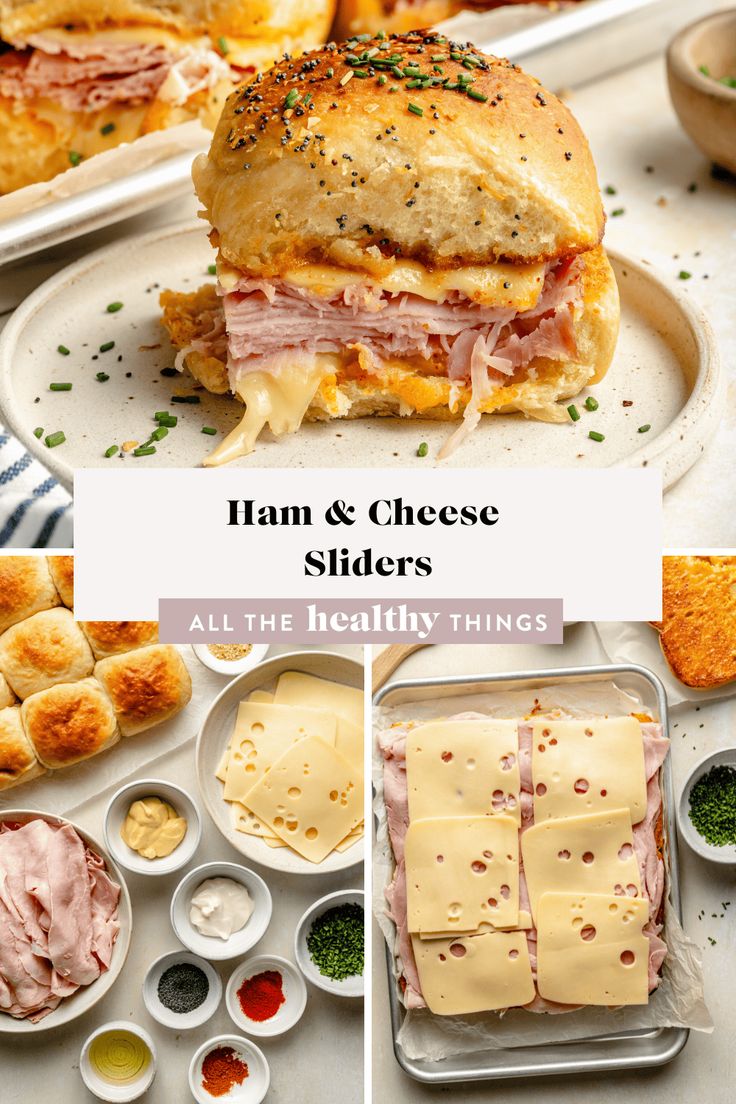 ham and cheese sliders are shown on plates