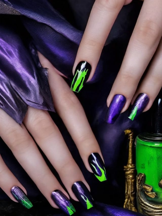 Mal Descendants Nails, Evie Descendants Nails, Maleficent Inspired Nails, Descendants Nails, Maleficent Nails, Kids Nails, Evie Descendants, Disney Nail, Descendants Cast