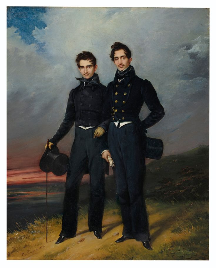 Édouard-Henri-Théophile Pingret (French, 1788-1875) | Portait of Two Young Men | Christie's 1890s Menswear, 1800s Men, 19th Century Men, 1830s Fashion, 1850s Fashion, Romantic Paintings, Regency Fashion, Two Brothers, English Style