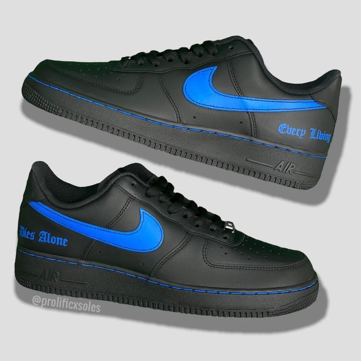 Royal blue Vlone custom on all black AF1's. Painted with water resistant and non cracking leather paint. Lv Sneakers, Painted Nikes, Custom Af1, Custom Shoes Diy, Nike Fashion Shoes, Kicks Shoes, Custom Nike Shoes, All Nike Shoes, Unique Sneakers