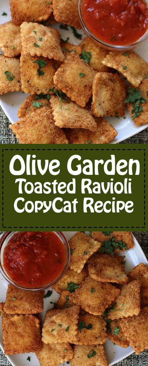 olive garden toasted ravioli copycat recipe on a white plate with red sauce