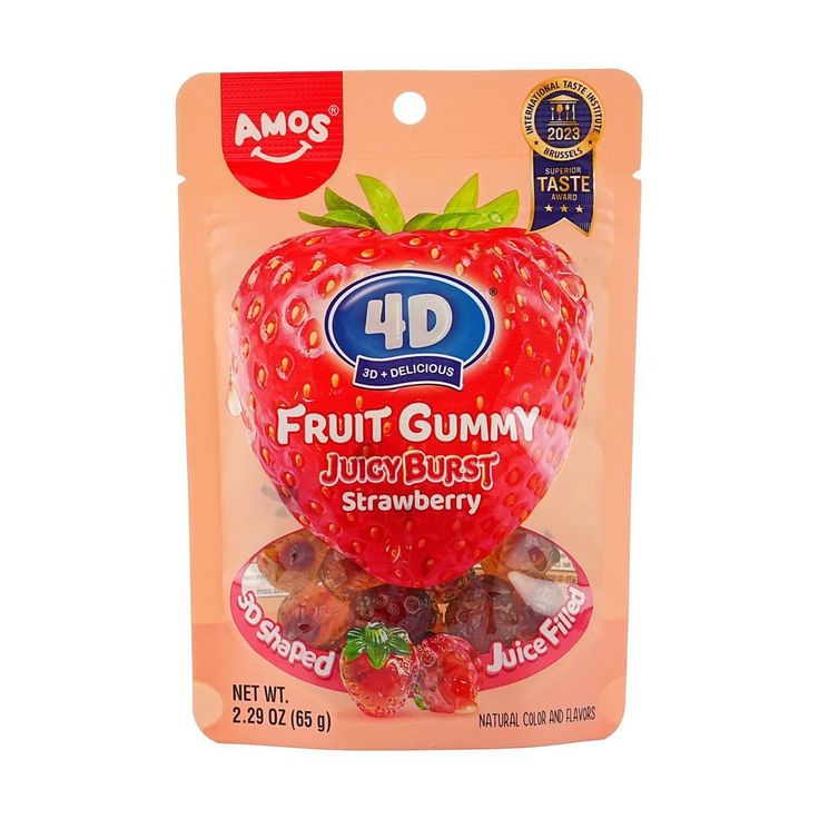 a bag of fruit gummy with jelly - best strawberry flavor on the front and side