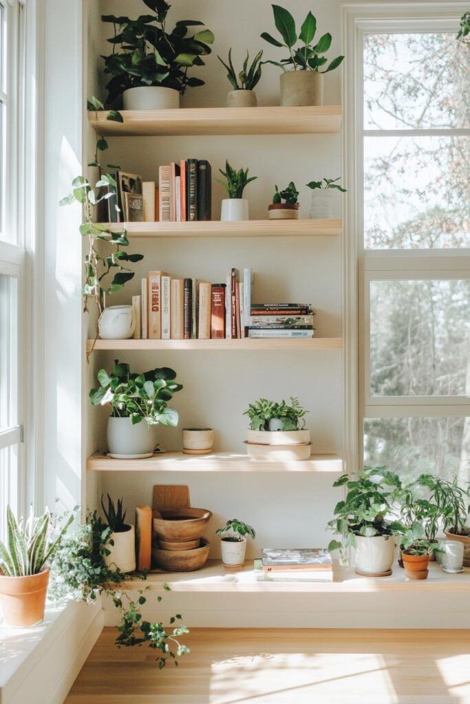 the shelves are filled with books, plants and potted plants in front of a window