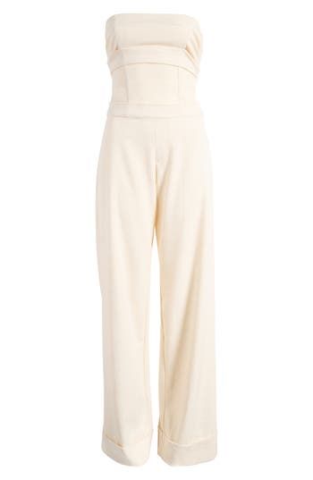 Rock a sophisticated day-to-night vibe in this sleek strapless jumpsuit punctuated with cuffed wide hems. Strapless 89% polyester, 8% linen, 3% elastane Dry clean Imported Chic High Waist Strapless Jumpsuit, Elegant Strapless Jumpsuit For Loungewear, Strapless Jumpsuits And Rompers For Spring Workwear, Elegant High Waist Strapless Jumpsuit For Spring, Elegant High-waist Strapless Jumpsuit For Spring, Elegant Strapless Jumpsuit For Spring Loungewear, Spring Strapless Jumpsuit For Work, Chic Strapless High Waist Jumpsuit For Work, Chic Strapless High-waist Jumpsuit For Work