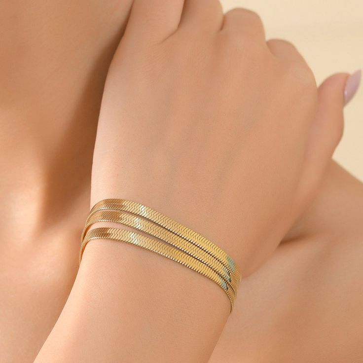 Metal- Recycled Bronze Plating- 14k Premium Gold Plating Length- 7.5 Inch Elegant Gold Snake Chain Bracelet For Formal Occasions, Modern Snake Chain Bracelet For Formal Occasions, Modern Snake Chain Bracelet For Formal Events, Elegant Formal Gold Snake Chain Bracelet, Formal Double Band Bracelet With Strap, Elegant Double Band Formal Bracelets, Elegant Double Band Bracelet Jewelry, Elegant Double Band Bracelet With Strap, Elegant Double Band Bracelets For Formal Occasions