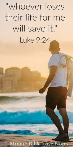 a man standing on the beach with his back to the camera and bible verse above him