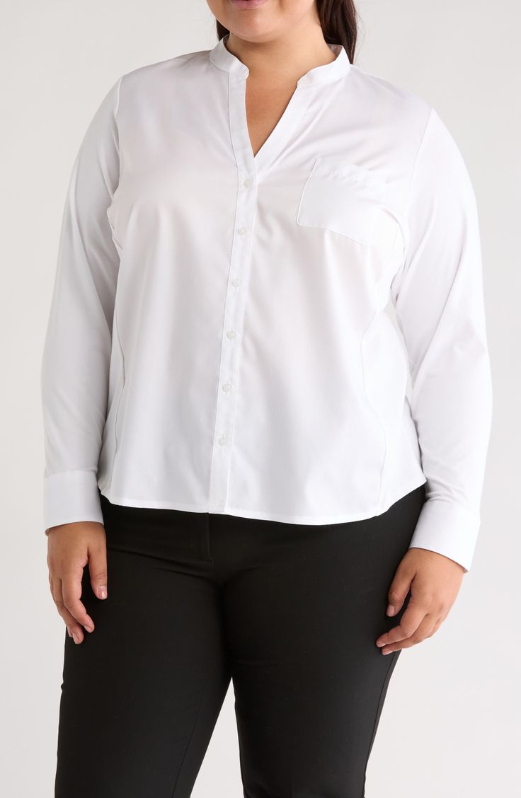 A mix of fabrics create subtle dimension on this bright-white top that brings a refined appearance to any ensemble. 28" length (size 1X) Split neck Long sleeves Front: 100% cotton; back: 57% cotton, 38% modal, 5% spandex Machine wash, tumble dry Imported Blouse With Buttons, Plus Size Blouse, Concert Looks, Designer Crossbody Bags, Sweaters And Leggings, Tunic Sweater, Comfortable Dress, Plus Size Blouses, Everyday Style