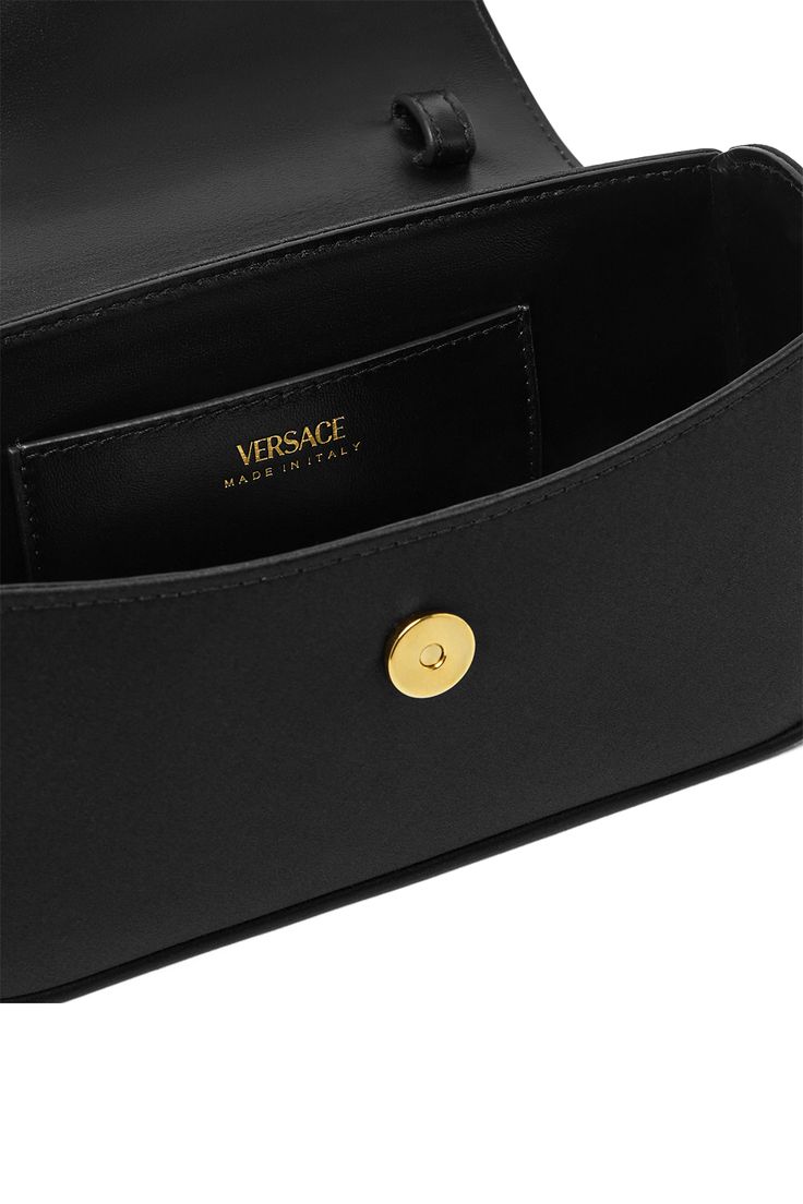 Versace la meduse mini bag in black/gold. Lining 1:100% AOS; Outside:28% SE, 72% VI 7.5" x 2" x 4.7" Made in Italy Black Modern Bag With Gold-tone Logo Plaque, Modern Black Bag With Gold-tone Logo Plaque, Modern Business Bags With Gold-tone Logo Plaque, Everyday Rectangular Flap Bag With Gold-tone Logo, Business Shoulder Bag With Gold-tone Logo Plaque, Black Top Handle Bag With Gold-tone Logo Plaque, Designer Top Handle Shoulder Bag With Gold-tone Logo, Leather Clutch Bag With Gold-tone Logo Plaque, Elegant Shoulder Bag With Gold-tone Logo And Top Handle