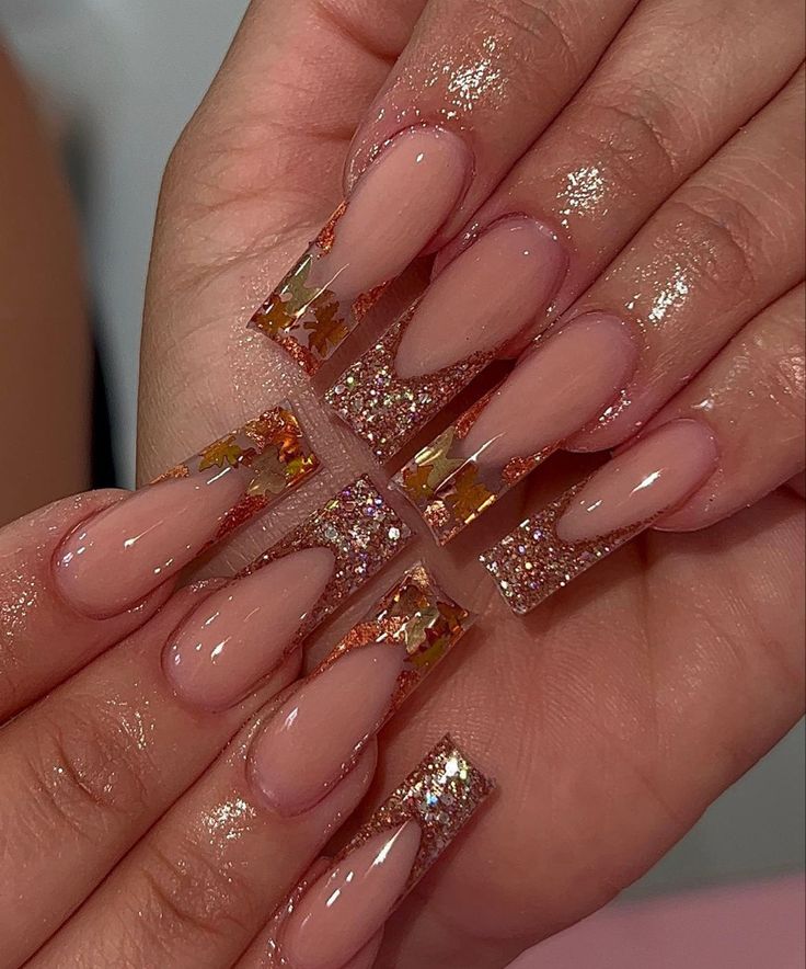 Gold Glittery Nails, Encapsulated Nails, Acrylic Butterfly, Glittery Nails, Cute Acrylic Nail Designs, Work Nails, Fall Acrylic Nails, Acrylic Nails Coffin Pink, Glitter Acrylic