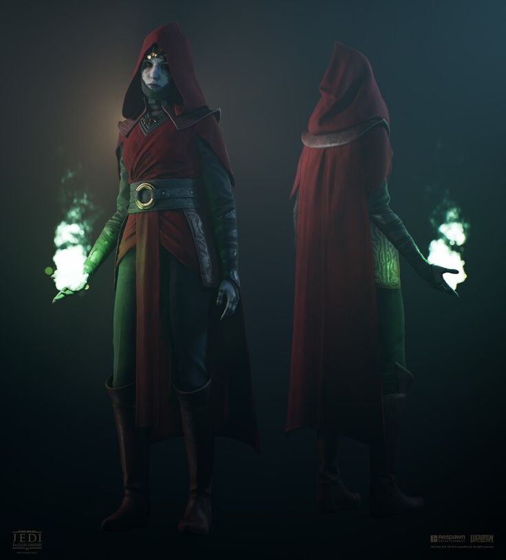 two people dressed in red and green robes, one holding a glowing light up hand