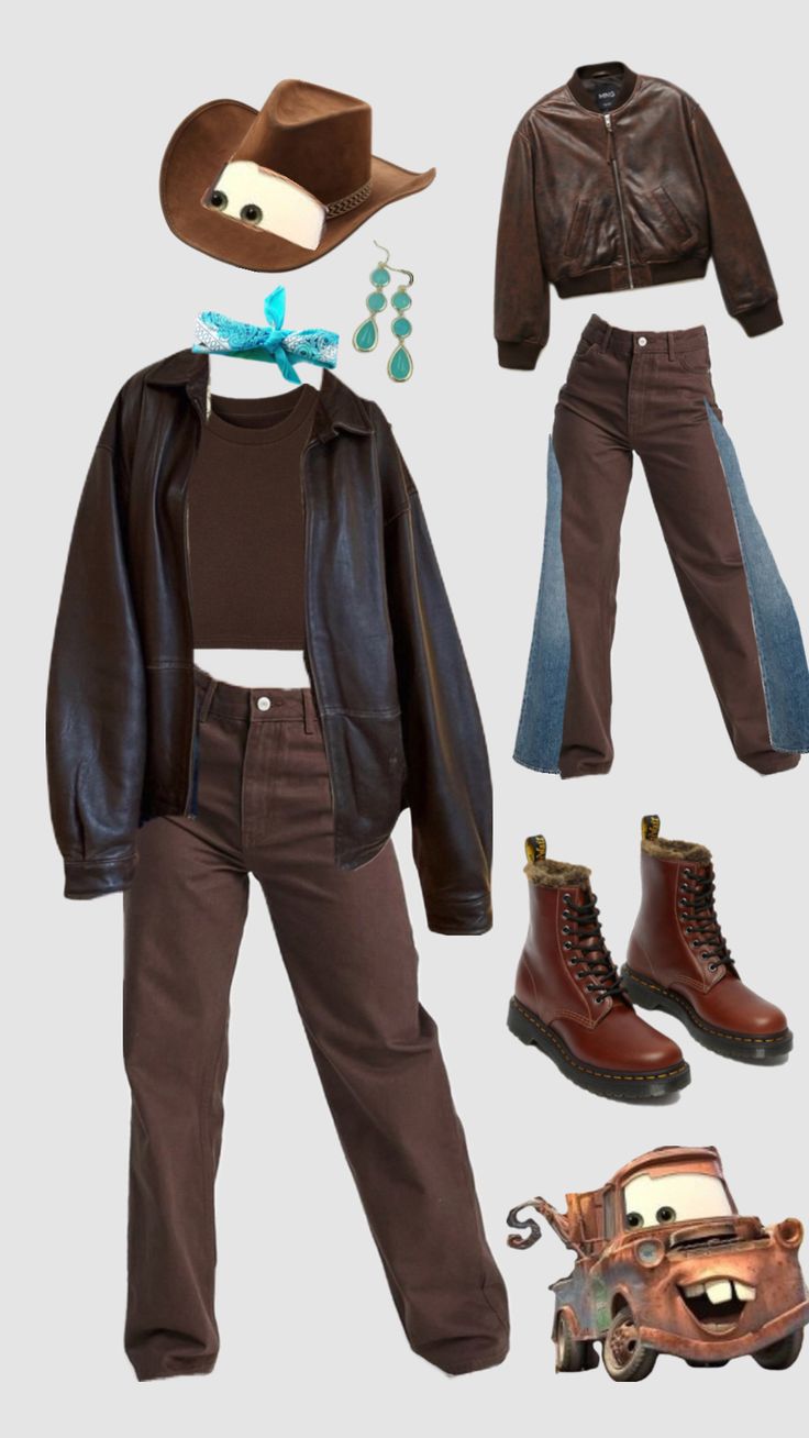 an assortment of clothing and accessories including a hat, jacket, boots, and car