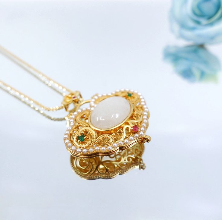 Antique Style Quartz Ruyi Locket Pendant Necklace Rectangle Face, Locket Pendant Necklace, Hetian Jade, White Quartz, Jade Pendant, Golden Globes, Locket Necklace, Gold Plated Sterling Silver, Antique Style