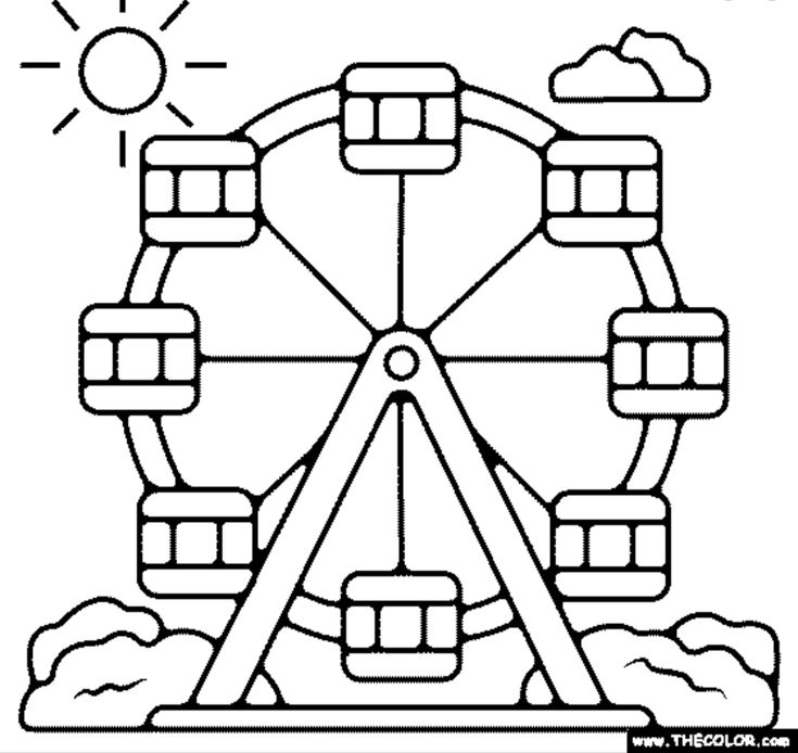 a ferris wheel with clouds and sun in the background coloring page for kids to color