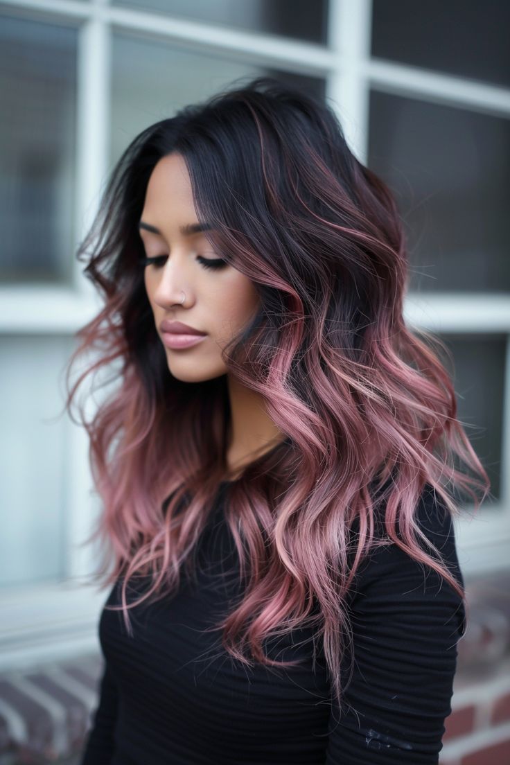 57+ Trending Ombre Hair Color Ideas Rose Gold With Dark Roots, Rose Gold Hair On Black Hair, Rose Gold Balayage On Dark Hair, Hair Color Styles For Long Hair, Coloured Hair Bright, Rose Gold Dark Hair, Brunette Hair With Rose Gold Highlights, Dark Roots With Pink Hair, Rose Gold Hair With Dark Roots