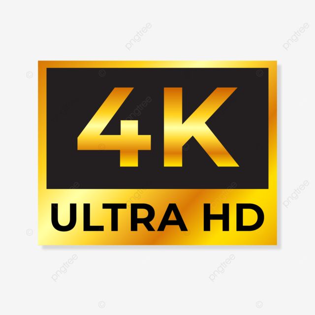 the 4k ultra hd sign is gold and black with an arrow pointing to it