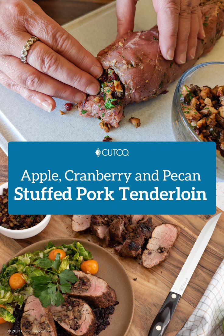 a person cutting up food on top of a wooden cutting board with the words apple, cranberry and pecan stuffed pork tenderion