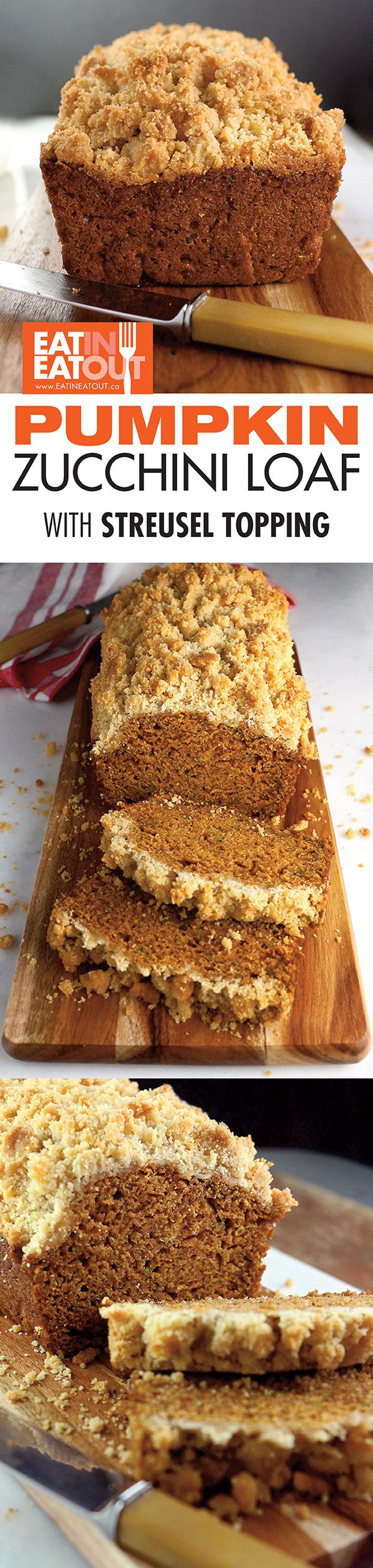 pumpkin zucchini loaf with streusel toppings on a wooden cutting board