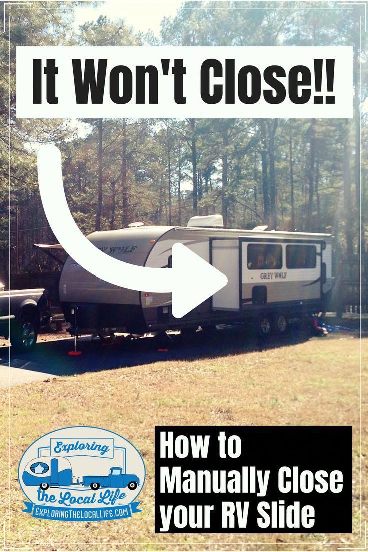 an rv is parked in the grass with a sign that says it won't close