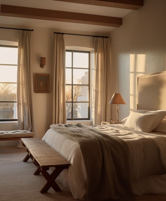 a large bed sitting in a bedroom next to two windows with light coming through them