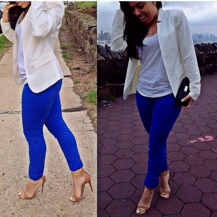 White blazer and cobalt-blue pants Nude Heels Cobalt Blue Blazer, Cobalt Blue Pants, Blazer Outfits, White Blazer, Blue Pants, Outfits Casuales, Types Of Fashion Styles, Blazers For Women, Cobalt Blue