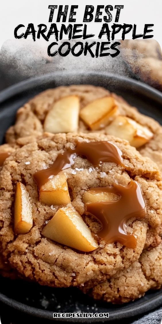 the best caramel apple cookies on a black plate