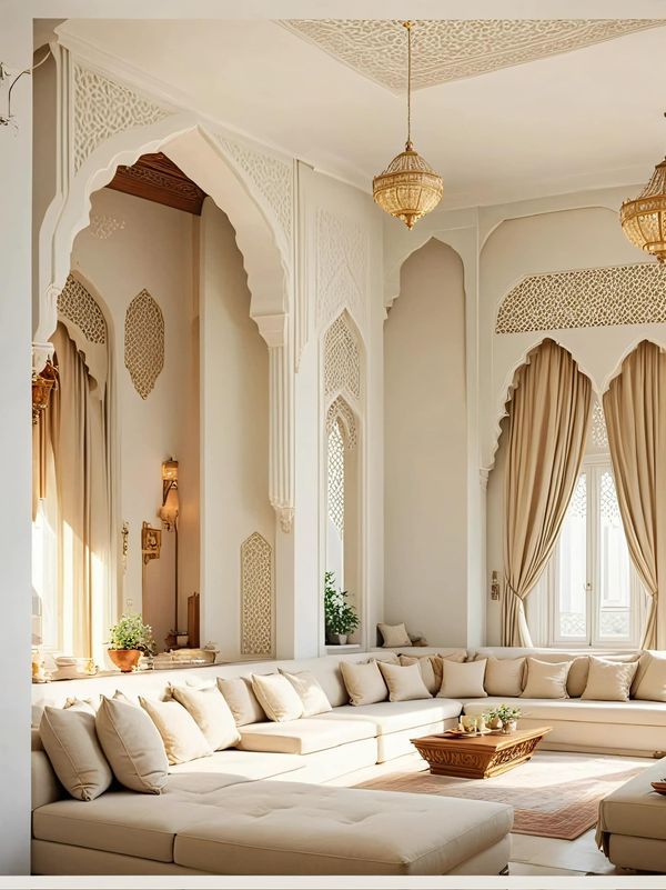 an ornate living room with white walls and beige furniture