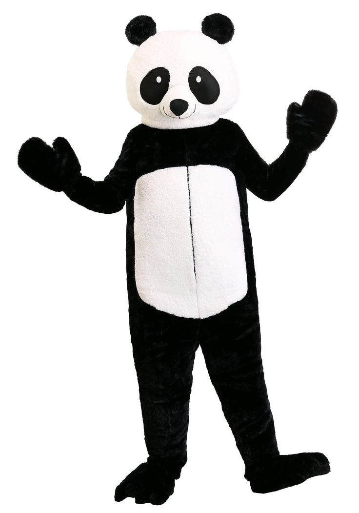 a black and white panda bear mascot standing with his arms out to the side,