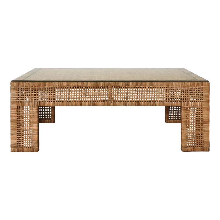 Natural rattan wide leg rectangular rattan coffee table with glass top. A classic rustic yet sophisticated design. Perfect for traditional, coastal, or eclectic homes.   Width: 48" Height: 17.25" Depth: 26"  *Rattan has natural variations and may differ slightly between panels. Grey Wood Coffee Table, Lodge Lighting, Modern And Rustic Decor, Coffee Table With Glass Top, Eclectic Homes, Coffee Table With Glass, Marble Top Coffee Table, Drum Coffee Table, Table With Glass Top