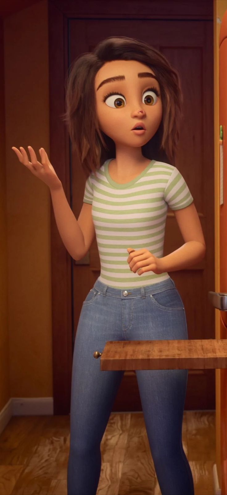 an animated girl standing in front of a door with her hand out to the side