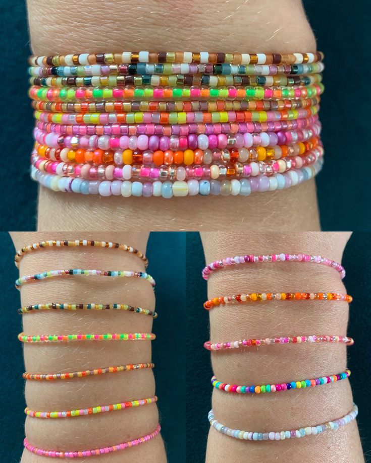 four different types of bracelets on someone's wrist, each with colorful beads